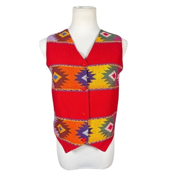 Orvis Jackets & Blazers - Orvis Women Red Southwestern Geometric Cotton Button Front Vest Size S Guatemala